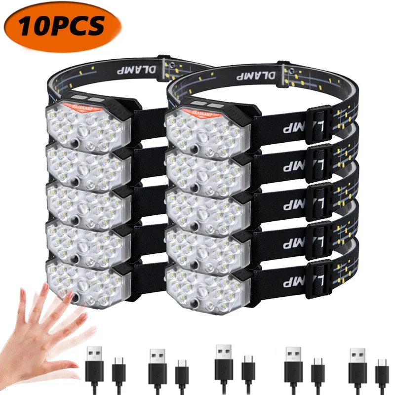 1-10PCS Induction Headlamp Head Lamp With Built-in Battery Flashlight 7 Lighting Modes USB Rechargeable Night Running Headlight