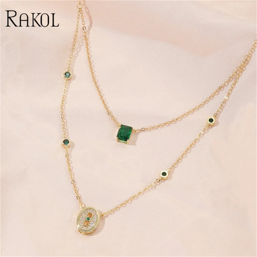 RAKOL Fashion Double Layer Square Green Zircon Pendant Necklaces for Women INS Geometric  Paper Clip Oval Necklace Party Jewelry