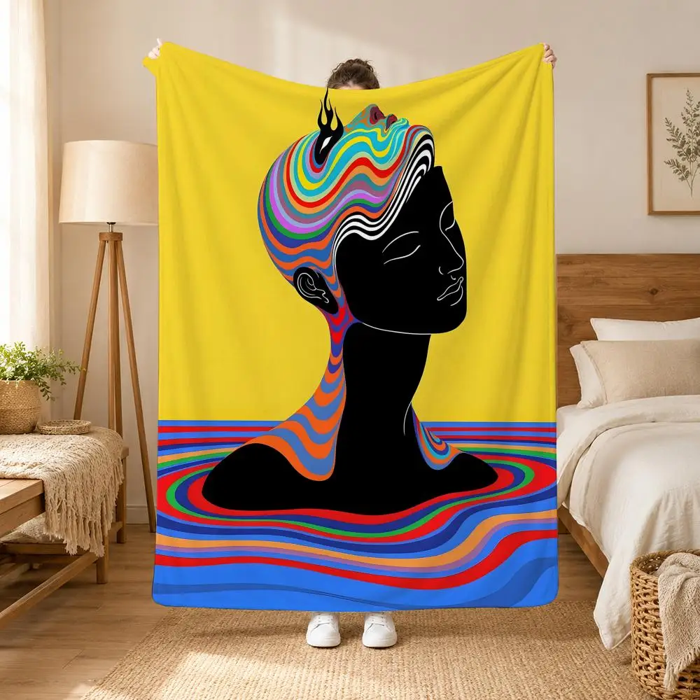 Interesting Psychedelic Lines Throw Blanket Soft Flannel Throw Lightweight Summer Home Nap for Office Travel Sofa Bed