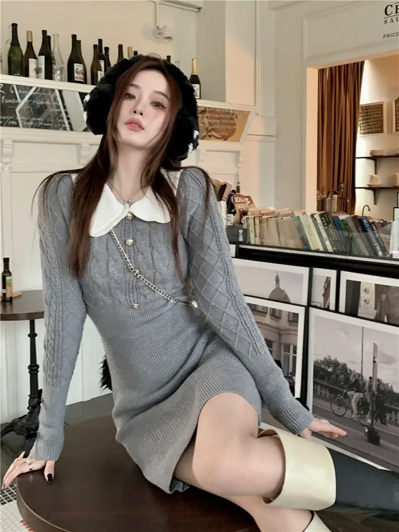 2024 Dress Women\'s Autumn and Winter New Collection Waist Cinching Spicy Girl Knitted Hip Hugging Skirt Short Skirt Gray Skirt