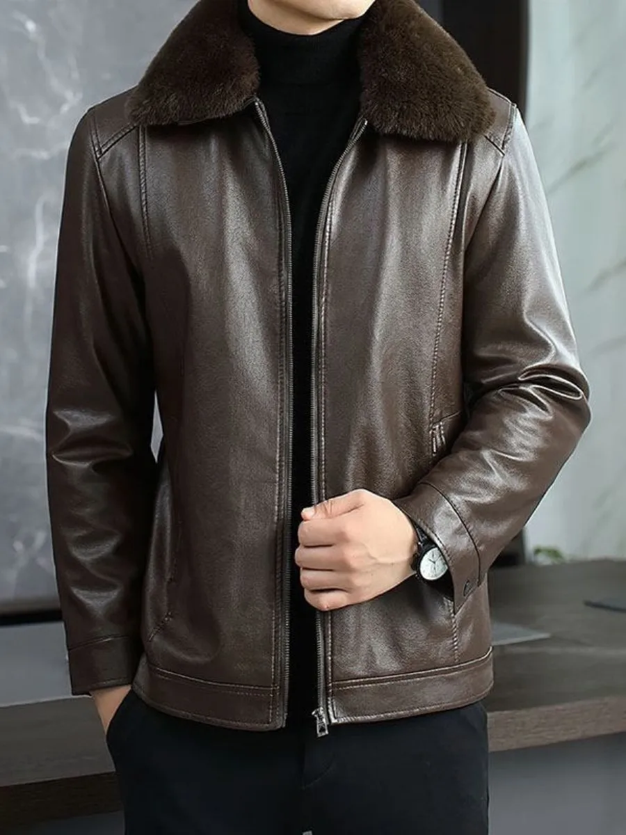 

Утепленная кожаная куртка на флисовой подкладке для мужчин среднего и старшего возраста, зимнее деловое модное пальто в городском стиле с длинной молнией