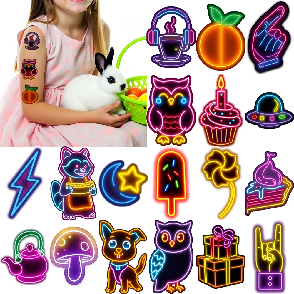 

63pcs Temporary Tattoo Neon Stickers Waterproof Long-lasting Body Stickers Fruit Stickers For Cheeks Arms Children