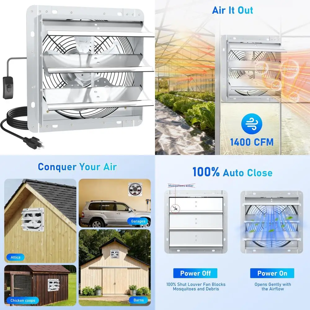 

10-дюймовый высокоскоростной малошумный вытяжной вентилятор мощностью 1400 куб. футов в минуту с автоматической затвором для чердака, теплицы и многого другого