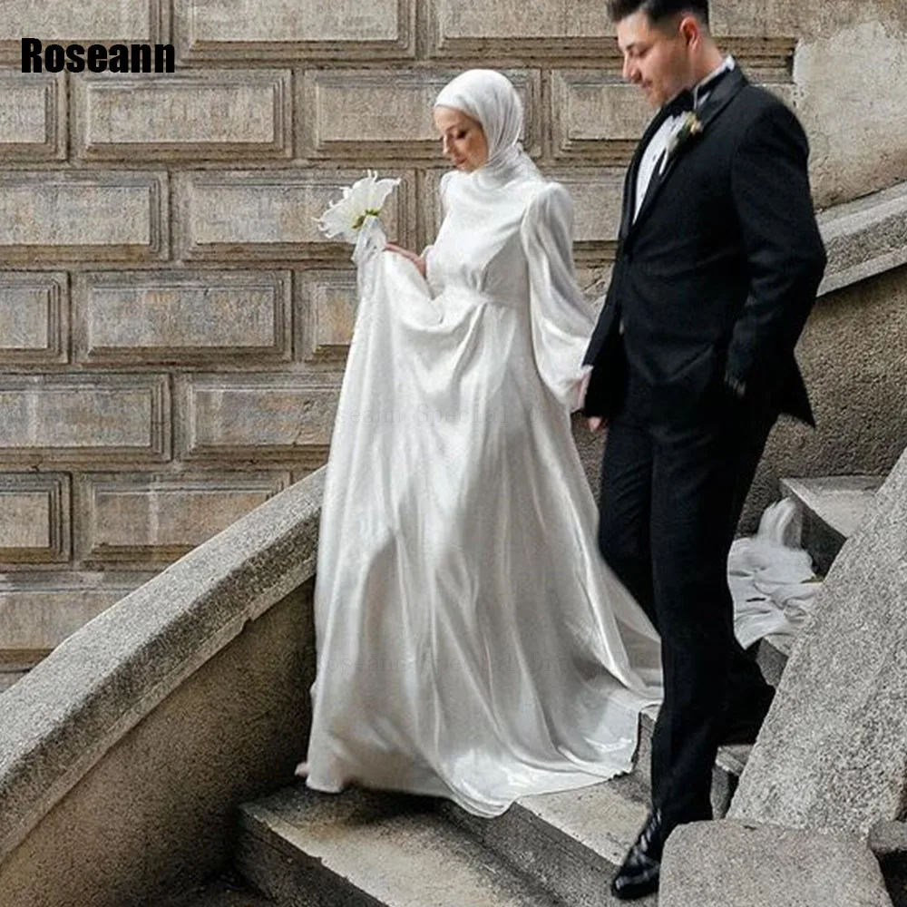 Customized Muslim 2025 New High Collar Ivory A-line Wedding Dress Draped Pleat Satin Brush Train Bride Dresses robe de mariée