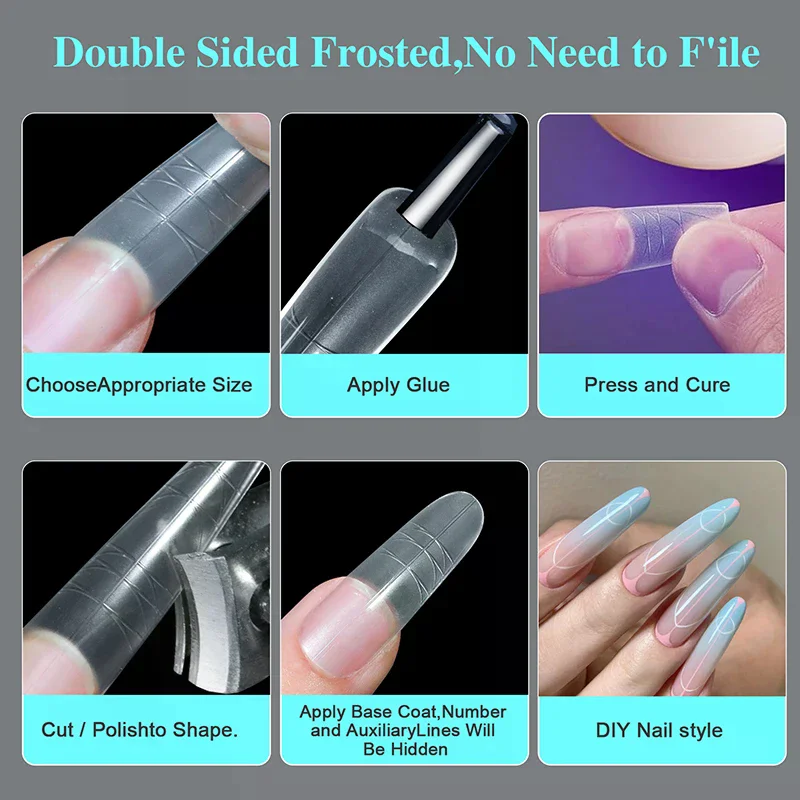 240개 트라페조이드 롱-T 매트 소프트 젤 네일 팁 보조 라인이 있는 흔적 없는 다용도 풀 커버 인조 손톱 연장용