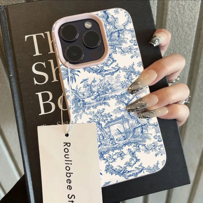 Funda de teléfono de porcelana blanca y azul a la moda para iPhone 17 16 15 14 13 12 11Pro Max XR XS MAX 7 8 PLUS INS cubierta dermatoglifo de moda