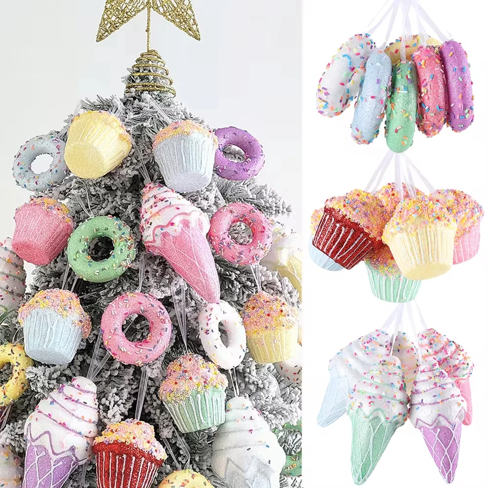 1Box Macaron Christmas Ice Cream Donut Cake Pendants Christmas Hanging Ornaments Xmas Tree Home Decorations Noel Navidad 2024