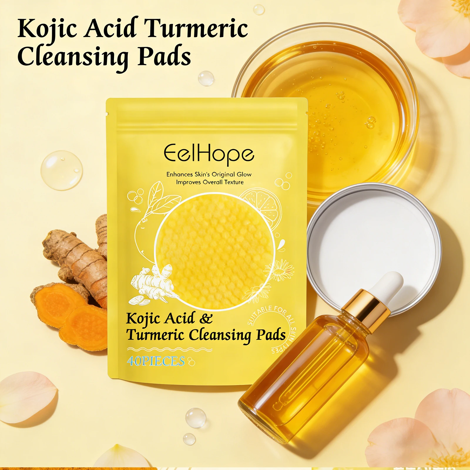 Kojic Acid Turmeric Cleansing Pads Gentle Exfoliate Fade Dark Spots Brighten Skin Tone Deep Clean Pores Oil Control Moisturizing