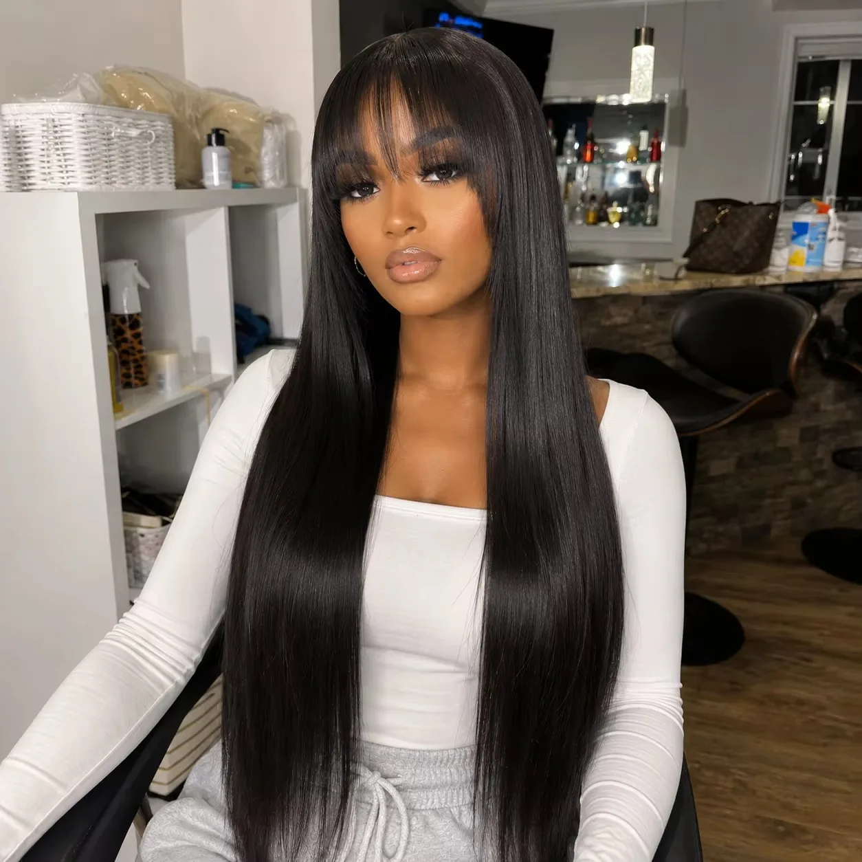 Natural Black Straight Human Hair Wig With Bangs Wear And Go Remy Human Hair Wigs Full Machine Made Wigs For Women 30 32 Inch