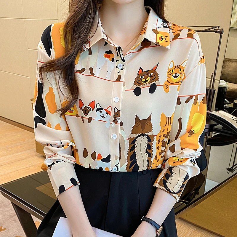 #3104 Chiffon Shirts Long Sleeve Cartoon Printed France Style Office Shirts Blouse Female Loose Vintage Womens Tops And Blouses