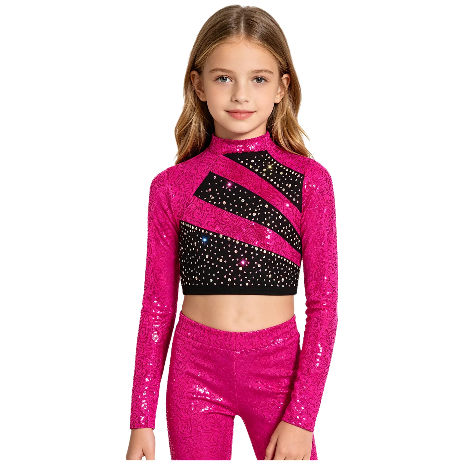 Girls Jazz Modern Dance Tops Ballet Figure Skating Gymnastics Costume Long Sleeve Sparkly Sequin Crop Top for Stage Performance