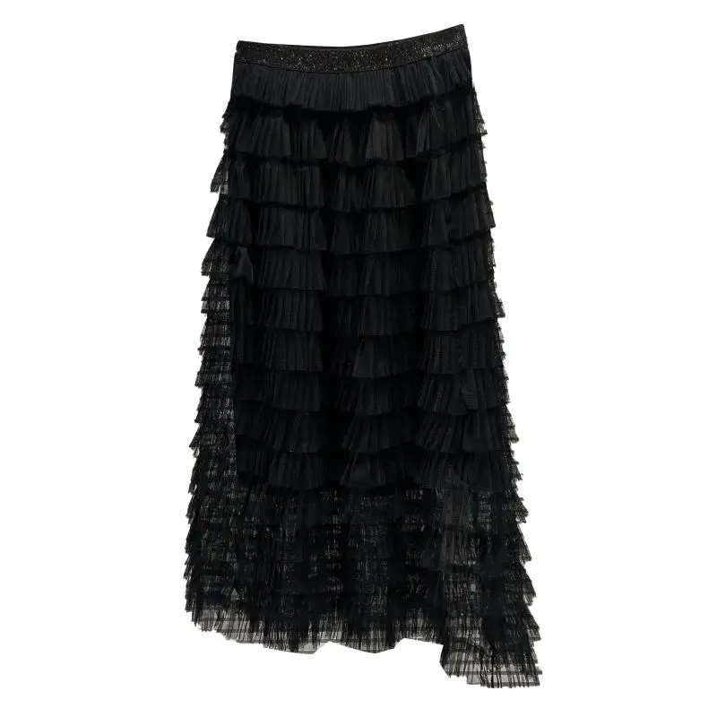 Spring  Sweet Sle Midi A-Line Skirt Pure Color Me Multi-Layer Elastic Waist f Body Skirt Fairy T Sle Women's ...