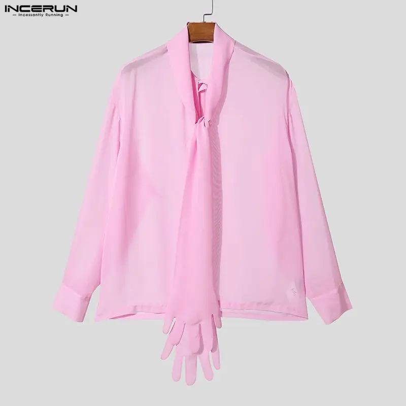 

INCERUN Men's Shirt Solid Color See Through Sexy Tops Long Sleeve Streetwear Loose 2026 Shirts For Man With Belt Glove Camisa