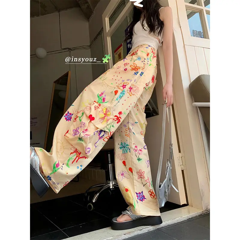 

Kawaii Cute Women Graffiti Color Cargo Pants Hip Hop Fashion Printing High Waist Casual Summer Thin Wide Leg Sport Trousers 2023