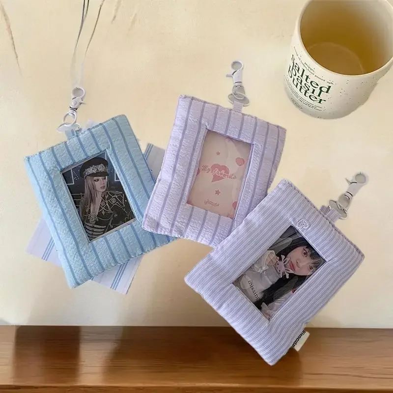 Dopamine Cute Padded Stripe Love Card Holder Photocard Holder Idol Photo Display Storage Protect Cover Keyring Pendant Bag Charm
