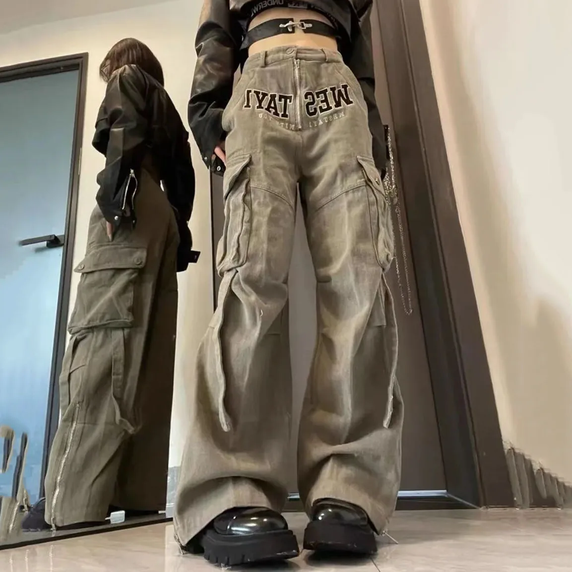 

Y2k Hip Hop with Belt Vintage Gothic Cargo Pants Harajuku Straight Wide Leg Trousers Female High Waist Streetwear Emo Punk Pants