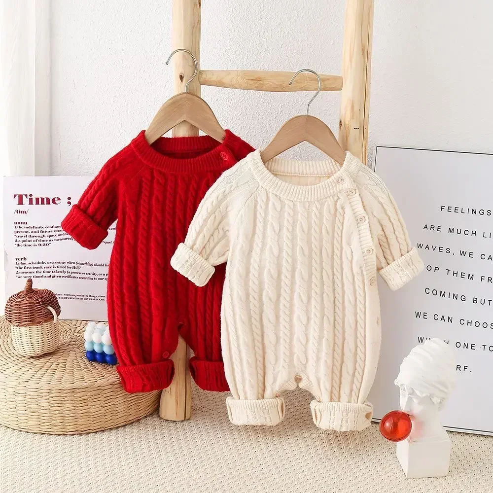 

0-24M Unisex Baby Cable Romper Warm Knitted Elastic Cuff Button Side Autumn