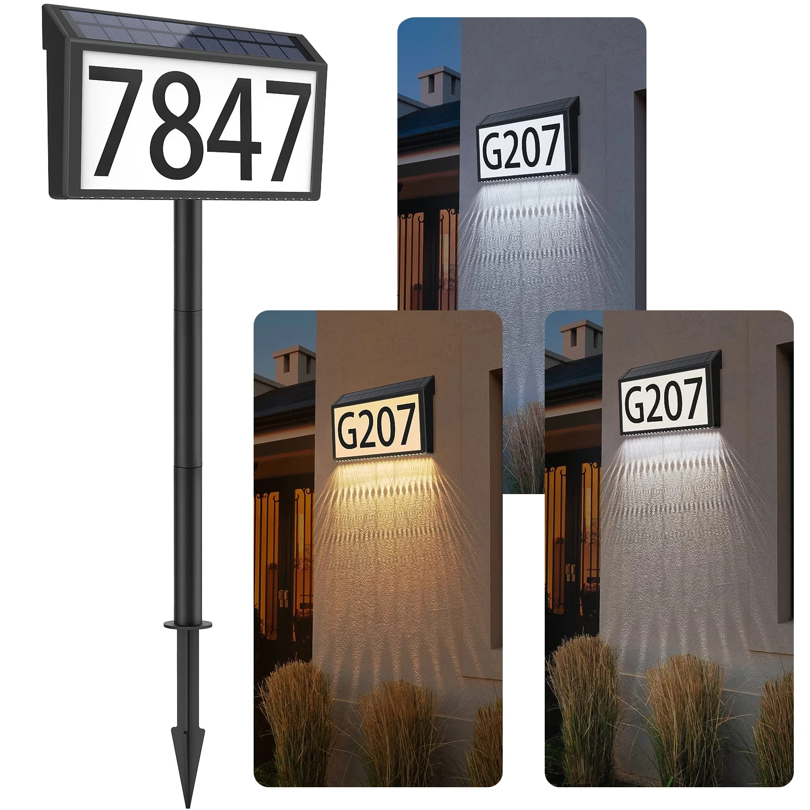 

Solar Powered Address Sign House Numbers Outdoor Waterproof 3-Color Lighting Modes LED Illuminated Address Plaque with Stakes