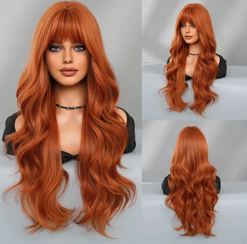 New fashion wig female long curly hair orange big wave synthetic fiber high temperature silk wig full head cover