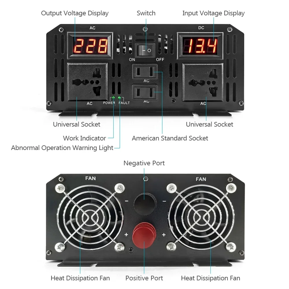 Imagem -06 - Inversor de Onda Senoidal Pura com Conversor de Soquete Multifuncional Conversor de Carro Transformador dc 12v 24v a 220v ac 5000w 6000w