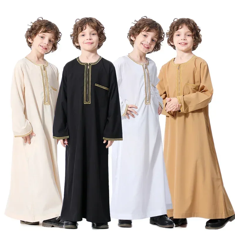 Muslim Boys Robe Round Collar Embroidered Long Sleeves Dress Gown Saudi Arabia Abaya Kaftan Jubba Thobe Islamic Clothes