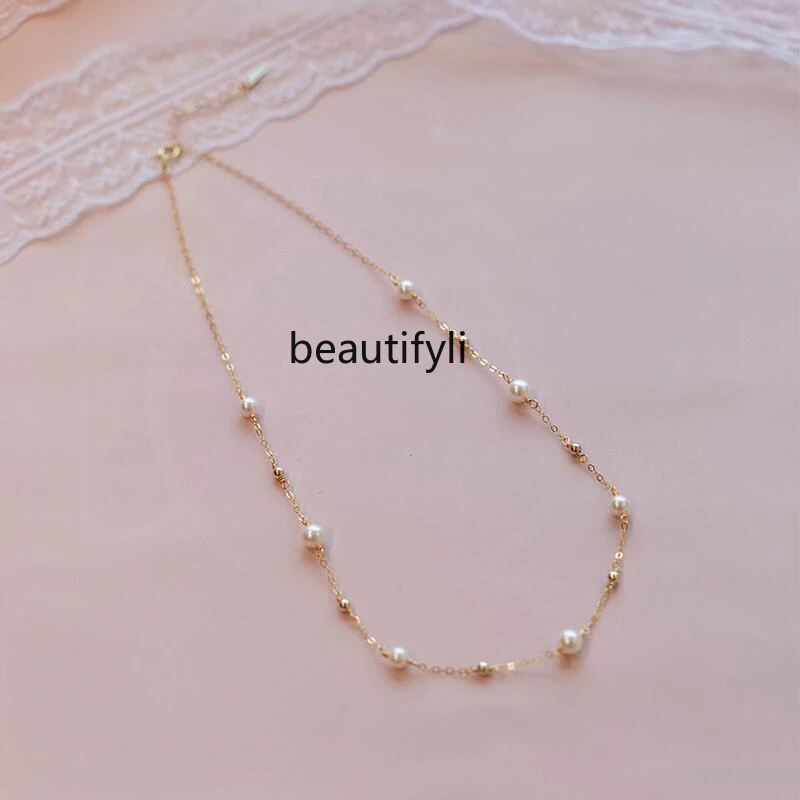 

14K gold temperament, freshwater pearl necklace light luxury simple high-grade collarbone chain