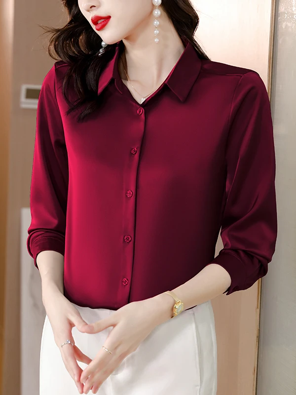 ร้านเสื้อผ้าผู้หญิง Ele Silk รุ่นพิเศษ S สำหรับฤดูใบไม้ผลิและฤดูใบไม้ร่วง แบรนด์ Bule แฟชั่นลำลอง สีพื้น ปกเสื้อ