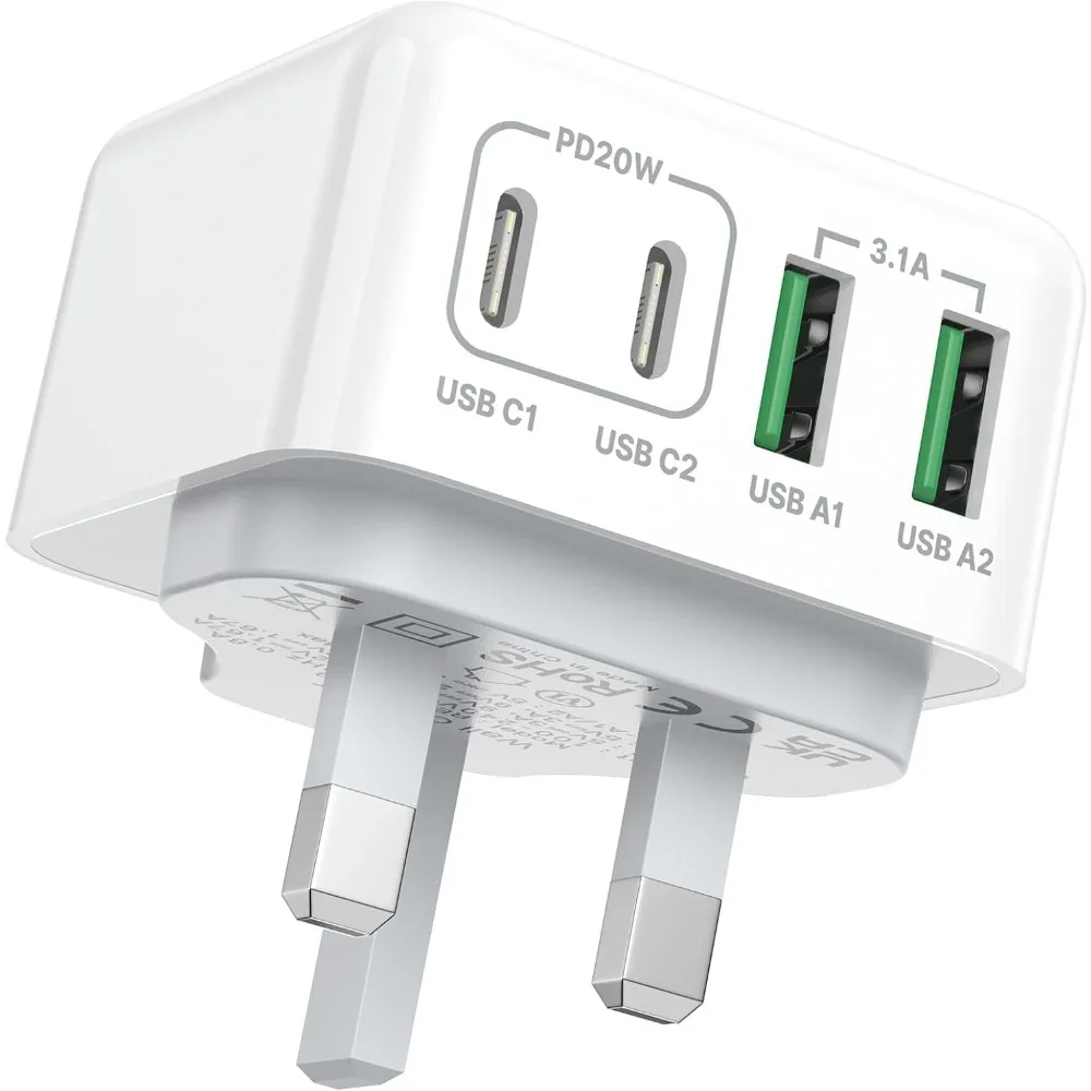 40W 4-Port USB C Fast Charger UK Plug PD QC3.0 Power Adapter Dual USB C+2A Wall Charger for iPhone Samsung iPad Etc