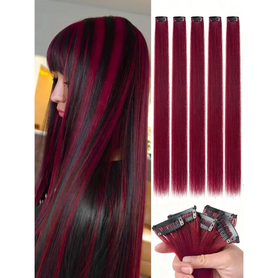 5pcs Blue Hair Clips Extensions, Women Synthetic Fiber Wigs, Can Match Various Hairstyles Without Going To Salon, Suitable For Daily Use And Parties