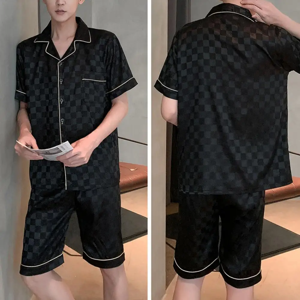 Conjunto de pijama xadrez masculino, single-breasted, mangas curtas, roupa doméstica solta, gola virada para baixo, shorts elástico na cintura, pijamas