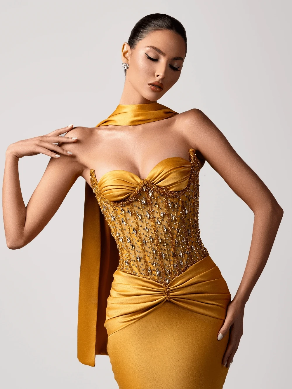 

GRACEPROM Handmade Crystals Mermaid Evening Dress With Scarf Elegant Sweetheart Neck Customized Prom Gown Beautiful Banquet Wear