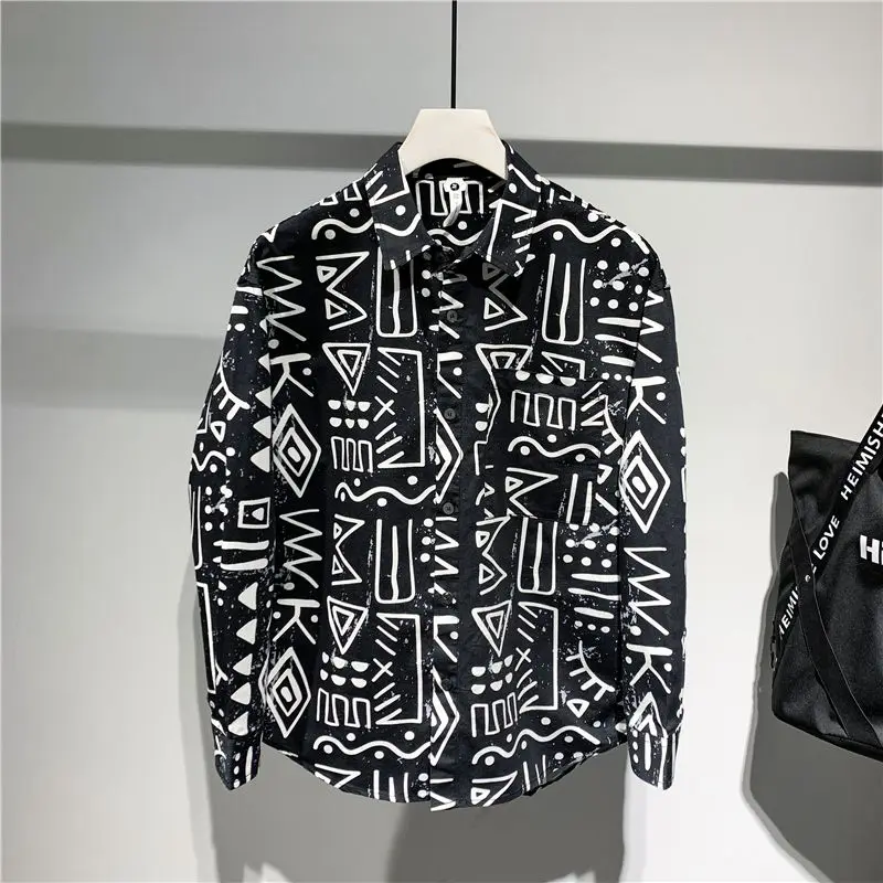 

Korean Men's 2024 Autumn New Splicing Square Collar Button Printed Letters Fashion Loose Minimalist Casual Long Sleeve Shirts