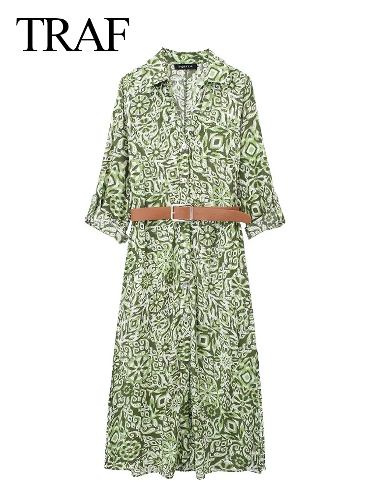 TRAF Woman  Floral Print Mini Dress With Belt Long Sleeve Fashion Summer Dresses 2024 Vintage Dress Female Evening Party Dresses