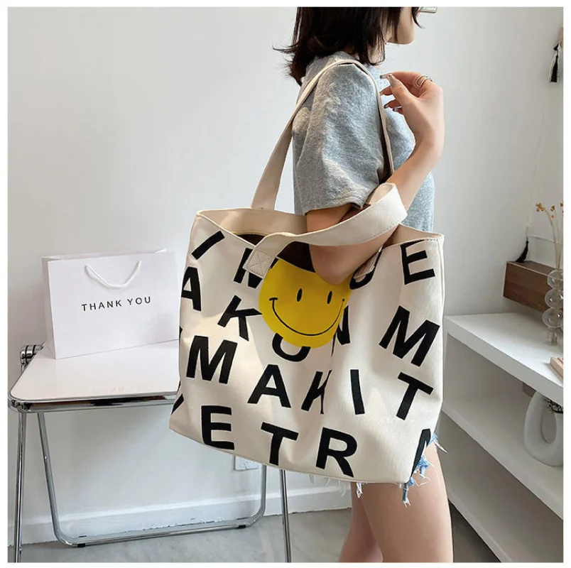 Canvas Bag Women\'s Large Capacity Bag 2023 New Zipper Printed Cartoon Tote Bag Women\'s One Shoulder Portable Shopping Handbag