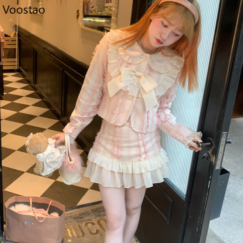 Elegant 2 Piece Set Women Patchwork Bow Pink Coats Short A-line Skirts Female Vintage Casual Sweet Mini Skirt Suit Autumn Winter