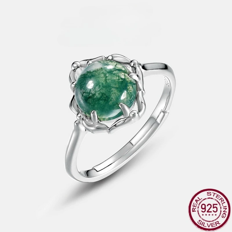 

New S925 pure silver unique charm green moss inlaid with water grass agate open ring fashionable wedding jewelry