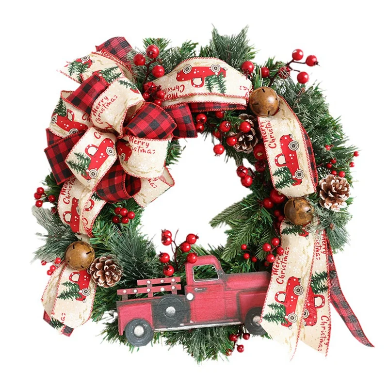 NEW-Christmas Wreath Artificial Pine Cone Red Truck Car Bow Berry Wreath Hanging Front Door Wall Decor