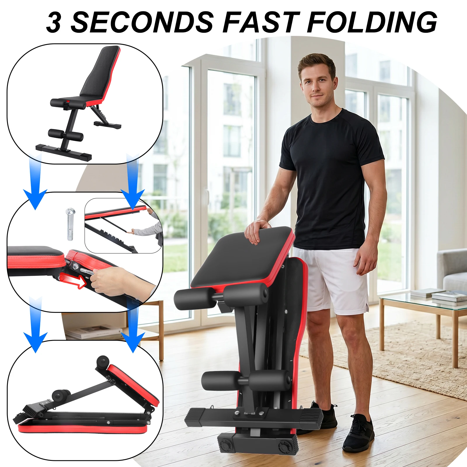 Banco de Ejercicios Plegable Ajustable en 7 Niveles, Banco Multifuncional para Mancuernas con Estructura de Acero Resistente, Banco de Pesas Ergonómico con Soporte para la Columna Vertebral para Entrenamiento de Fuerza de Cuerpo Completo en Casa 4