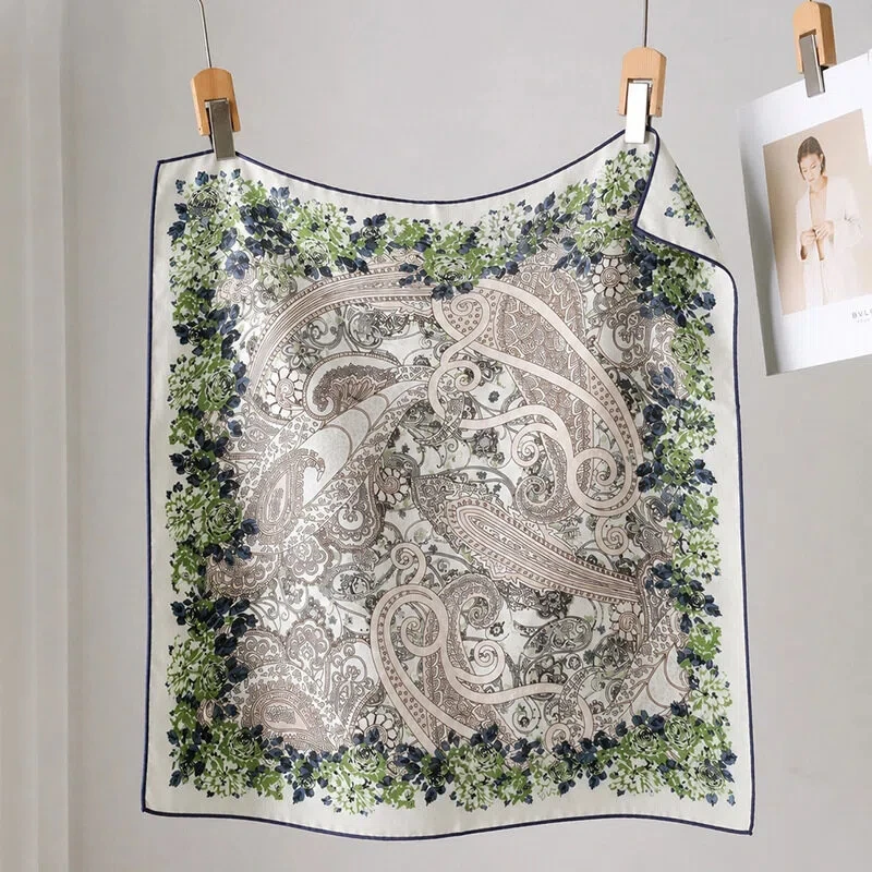 2027 Boho Silk Wool Blend Square Scarf for Women Paisley Foulard Scarf with Green‑Blue Floral Border Vintage Print Bandana