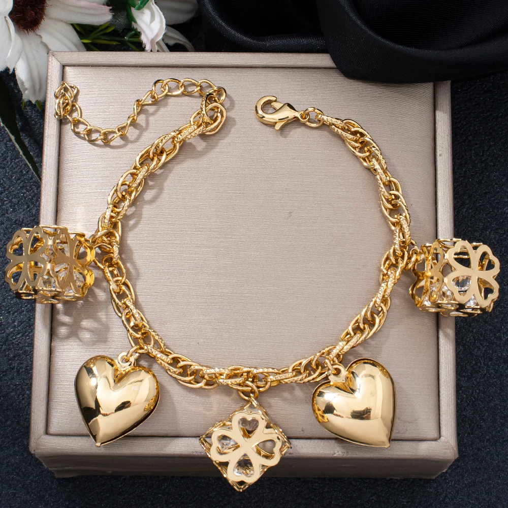 Stainless Steel Punk-style Thick Bracelet with Heart-shaped Lucky Grass Pendant Birthday and Christmas Jewelry Gift