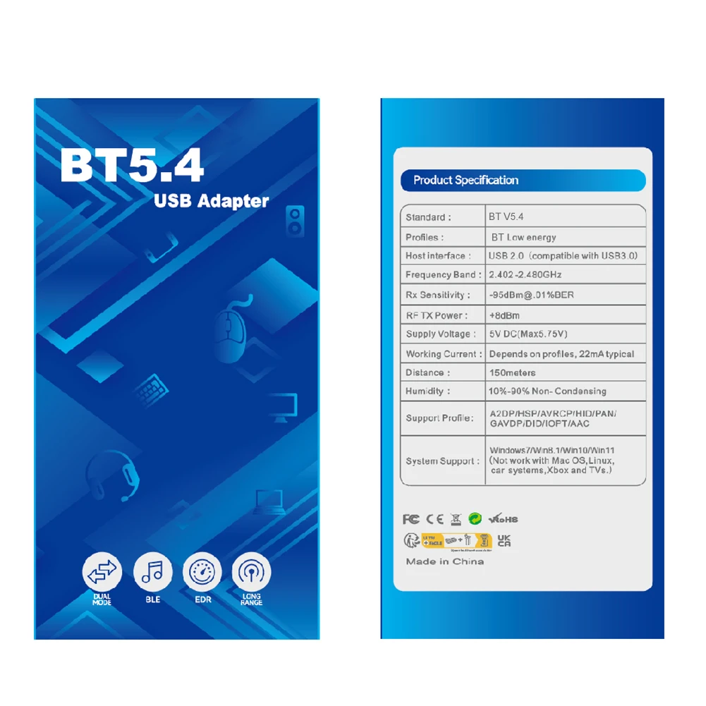 150 متر طويلة المدى USB BT دونغل يدعم Win11/10/8.1/7 USB BT محول مع هوائي للكمبيوتر ماوس لوحة المفاتيح سماعات الرأس