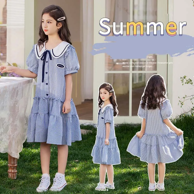 

Korean Summer Children Girl Dress Teenager Girl Plaid Peter Pan Collar Princess Dress Junior Girl Fluffy Bubble Sleeve Dress