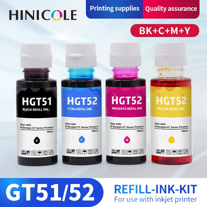 HINICOLE 100ML/Bottle GT51 GT52 Refill Dye Ink For HP Smart Tank 450 455 500 510 515 516 519 530 559 570 610 615 651 Printer