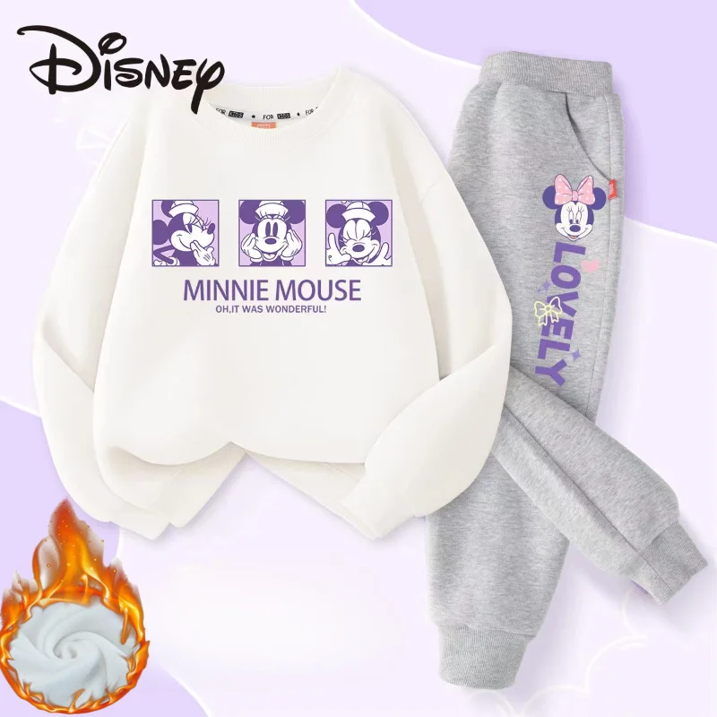 Winter Baby Girl Clothes Set Kid Boy Disney Minnie Sweatshirts Pullover & Pants 2pcs Suit Children Long Sleeve Plush Warm Suit