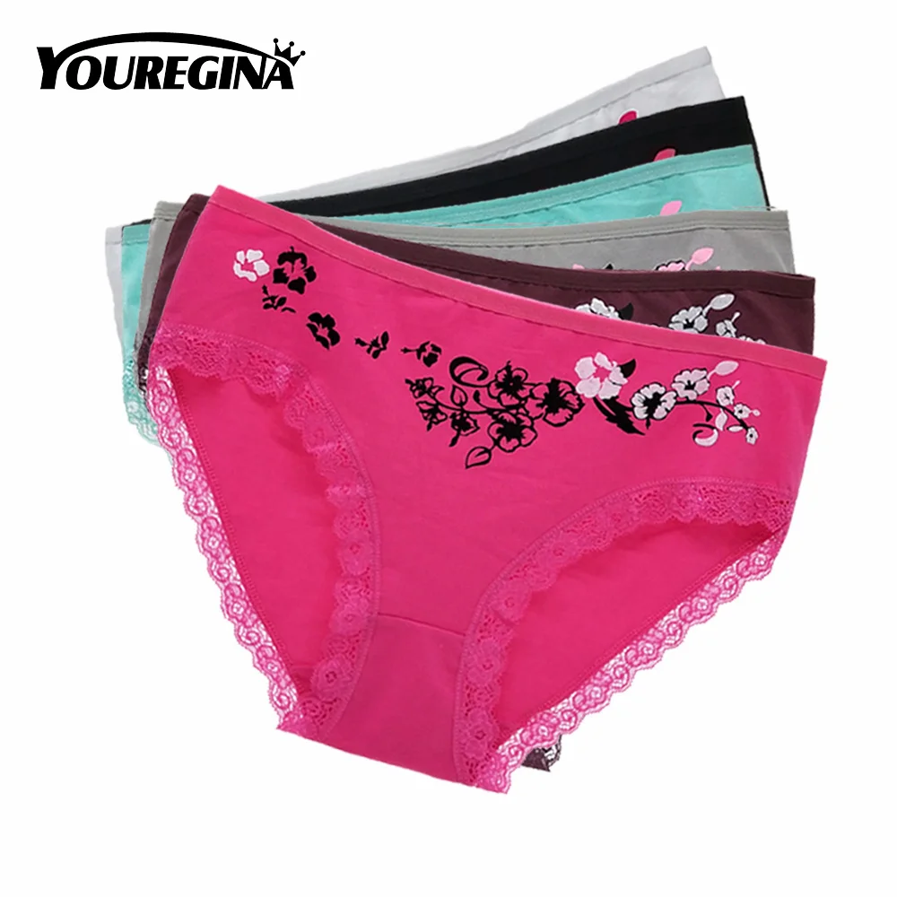 

Plus Size Women Panties Cotton Mid Waist Briefs Sexy Lace Underwear Ladies Knickers Intimates Female Lingerie Print 6 Pcs/set