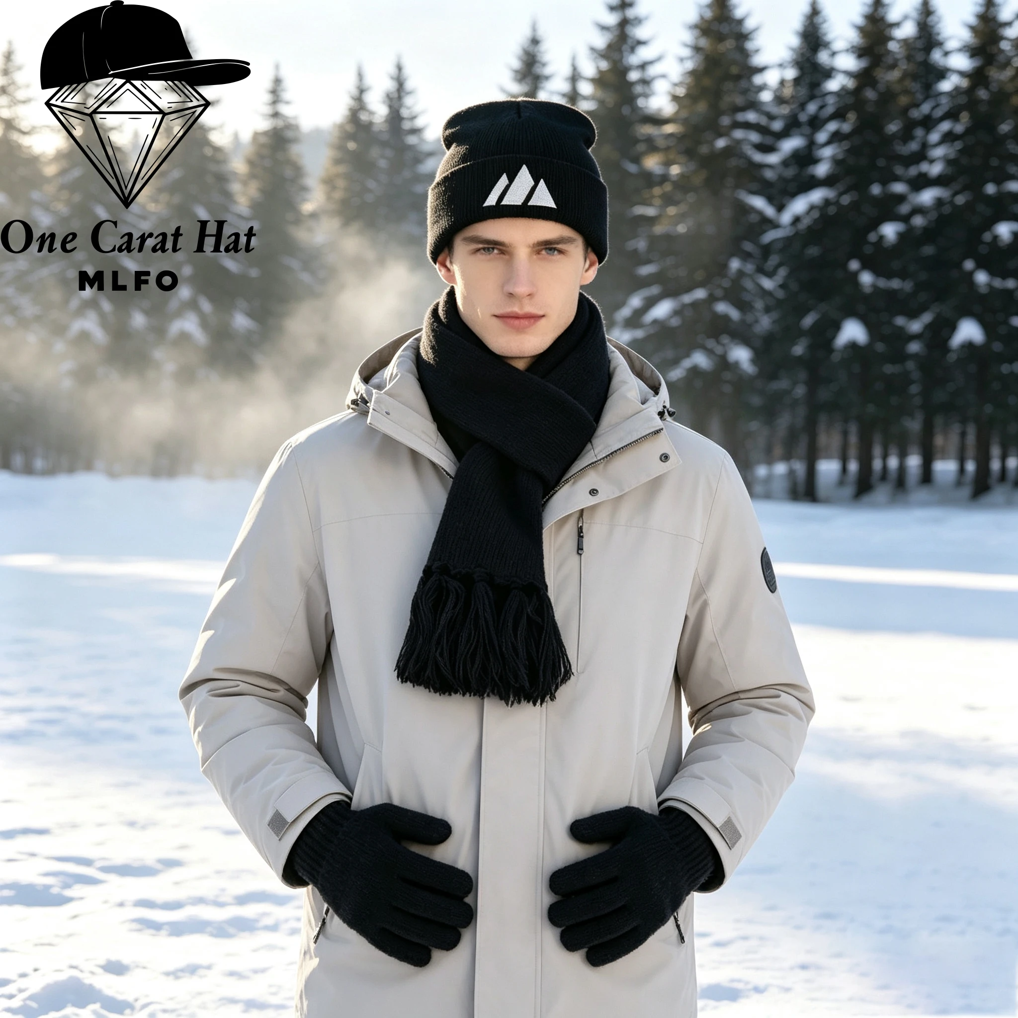 【3Pcs Knit Beanie Scarf Gloves Set】Adult Geometric Triangle Embroidery Knit Hat, Winter Outdoor, Modern Daily Casual Gift