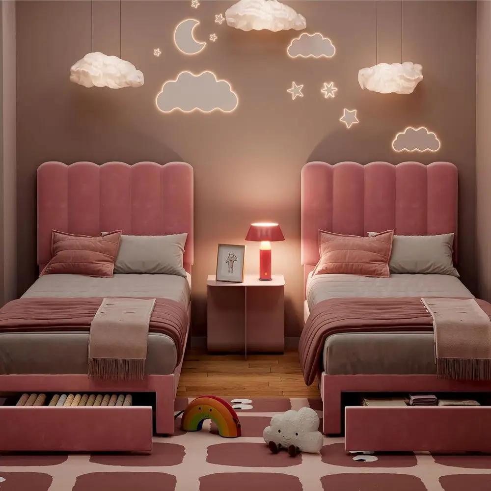 

GarveeHome Twin Bed e with Under-Bed Der, Upholstered Platorm Bed with Wave board or Kids/Girls, Wooden Slats Support, No Box Sp
