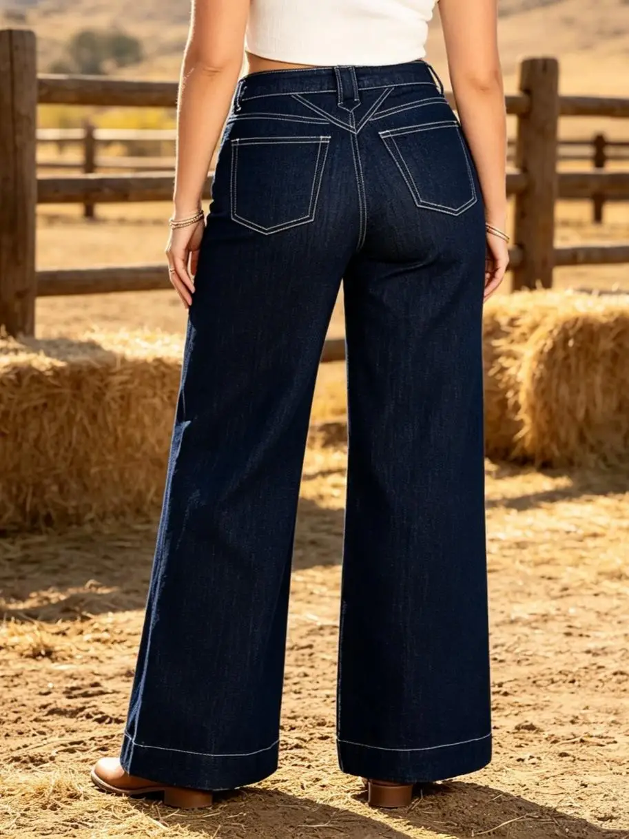 【HME】Jeans | Women Contrast Stitch Structure Denim Pants, High Waist Wide Leg Floor-Length Denim Jeans, Deep Indigo Raw Denim Texture, V-Shaped Back Pocket Lift Butt & Optimize Lines, Draped Leg Slimming, American Retro Western Style Versatile Pants