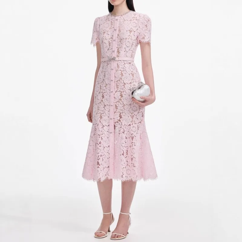 

Розовое кружевное платье, женское элегантное платье с круглым вырезом и коротким рукавом с бисером, облегающее платье с высокой талией, шикарная вечерняя ткань для женщин