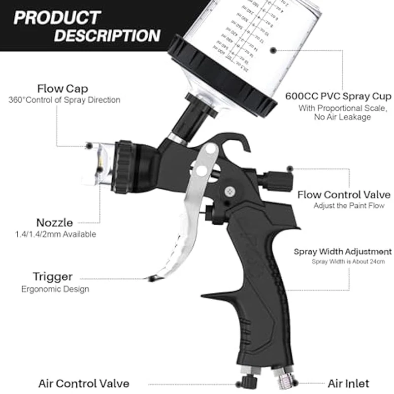 Pintura pulverizadora de aire HVLP con boquillas de 1,4/1,7/2Mm y regulador de compresor de aire, pintura pulverizadora de aire con 10 Uds. Taza mezcladora de 600Cc